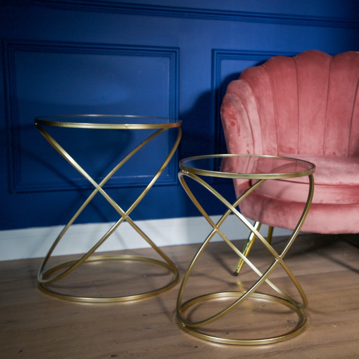 SET OF 2 GOLD CRISS CROSS TABLES WITH GLASS TOP – Madison & Mayfair