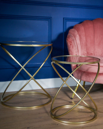 Set of 2 Gold Criss Cross Tables with Glass Top