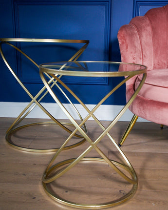 Set of 2 Gold Criss Cross Tables with Glass Top