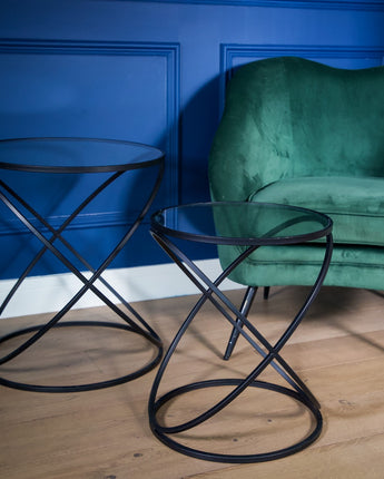 Set of 2 Black Criss Cross Tables  with Glass Top