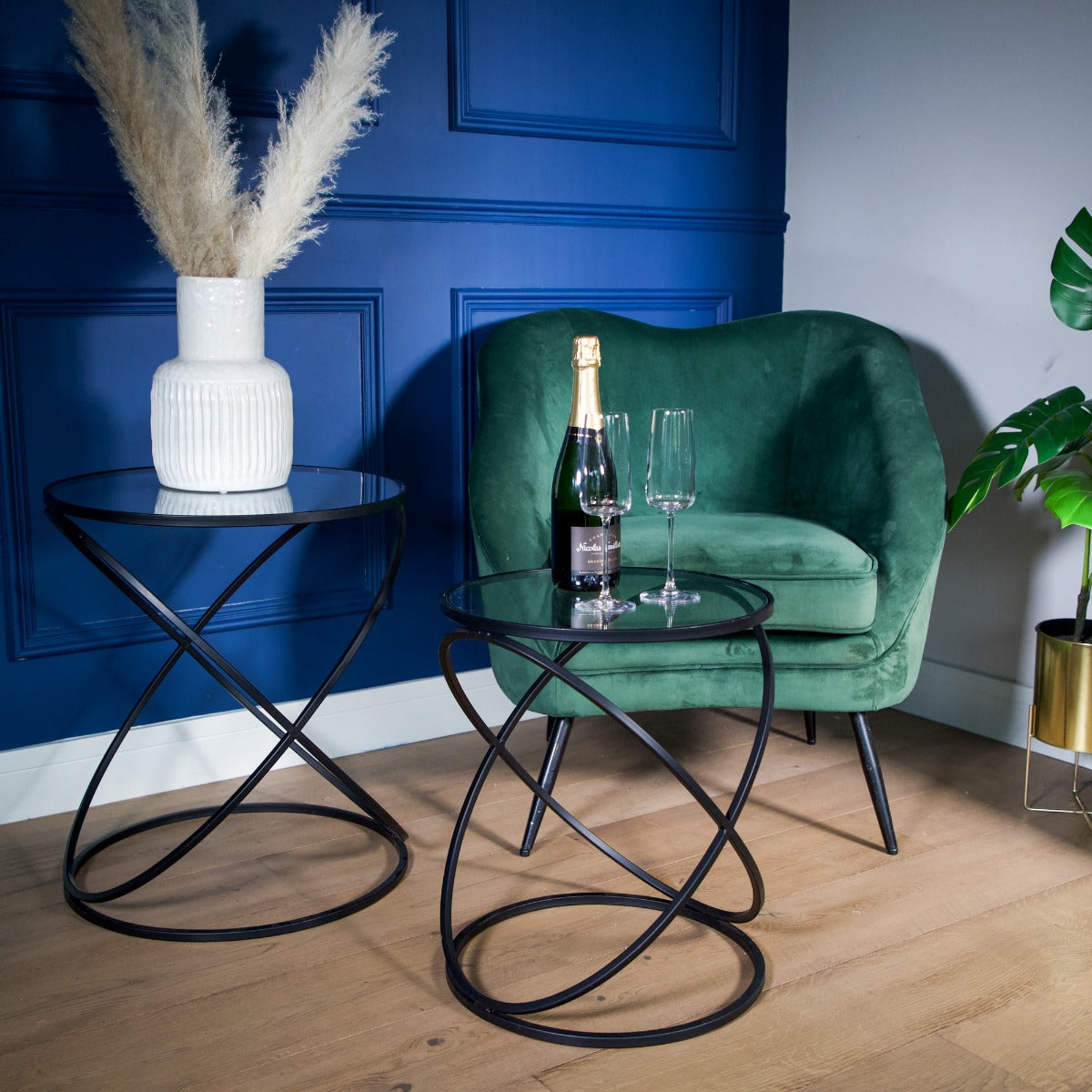 SET OF 2 BLACK CRISS CROSS TABLES WITH GLASS TOP – Madison & Mayfair