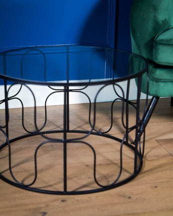 Black Wavy Wire Coffee Table with Glass Top