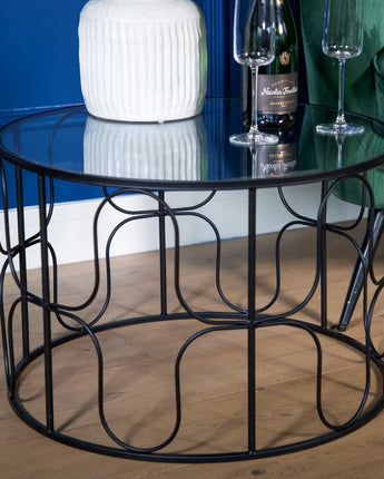 Black Wavy Wire Coffee Table with Glass Top