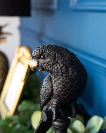 Black and Gold Parrot Bird Ornament on Stand