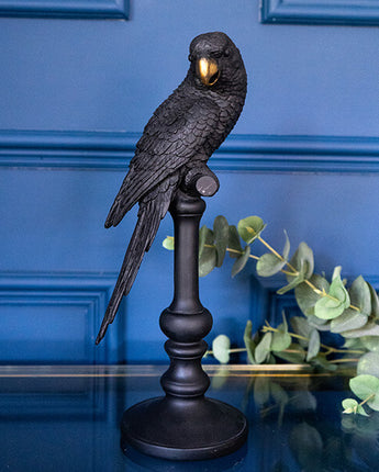 Black and Gold Parrot Bird Ornament on Stand