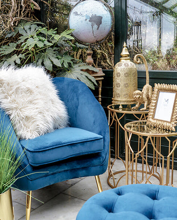 Blue Brooklyn Velvet Chair with Padded Cushion and Gold Legs