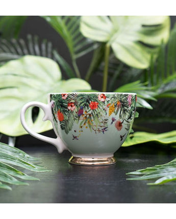 Mint Green Floral Chinoiserie Footed Mug with a White Handle