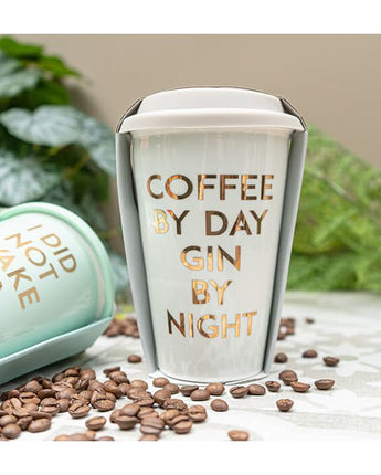 Cream Travel Mug with the Slogan "Coffee By Day; Gin By Night"