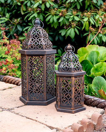 Artisan Large Brown Lantern with Intricate Cut-Out Design