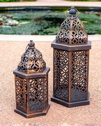 Artisan Medium Brown Lantern with Intricate Cut-Out Design