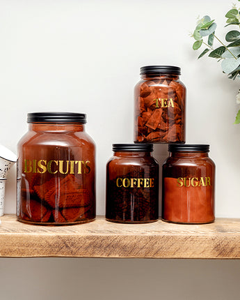 Set of Four Vintage Labelled Glass Storage Jars in Amber Gold