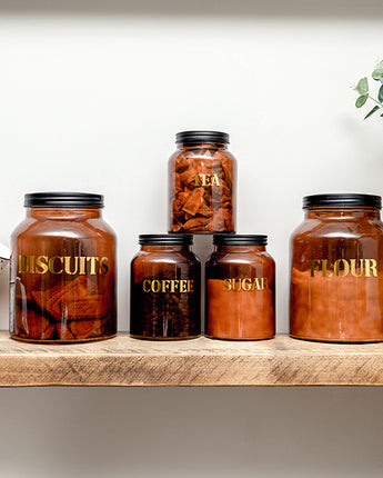 Set of Five Vintage Labelled Glass Storage Jars in Amber Gold