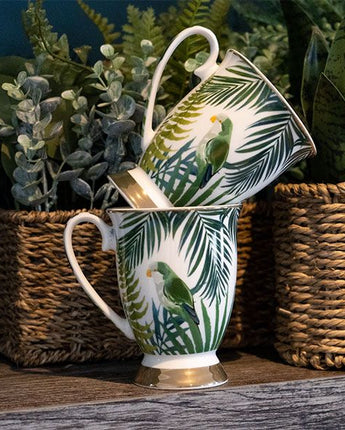 Set of Two Emerald Green Leaves and Birds Footed Mugs with White Handles