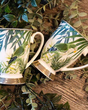 Set of Two Emerald Green Leaves and Birds Footed Mugs with White Handles