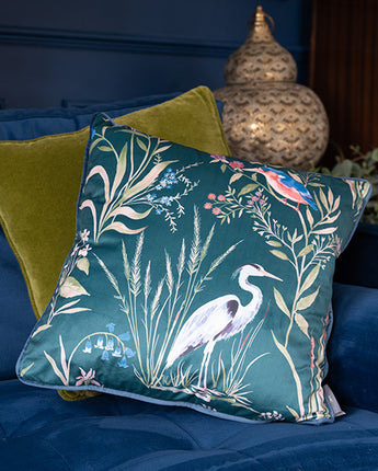 Teal Floral Heron Design Cushion