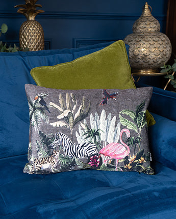 Dark Grey Embossed Jungle Themed Velvet Cushion