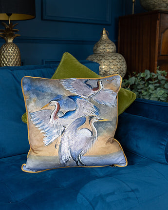 Painted Cushion with a Gold Heron Design