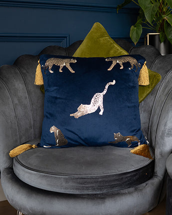 Gold Foil Leopard Print Design on a Navy Blue Velvet Cushion