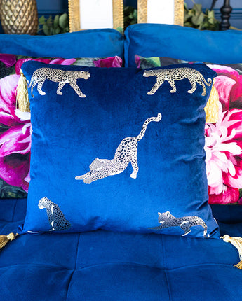 Gold Foil Leopard Print Design on a Navy Blue Velvet Cushion