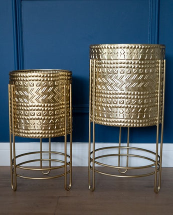 Luxurious Small Gold Embossed Metal Planter with Stand