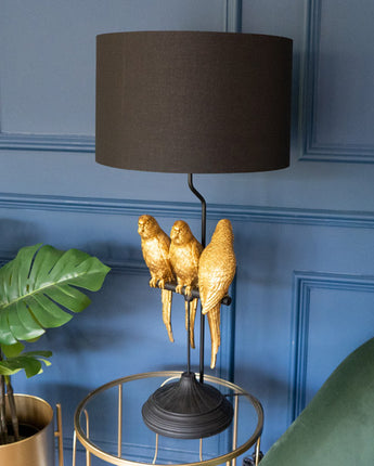 Trio Parrots Lamp: Black Gold Base with Matching Shade