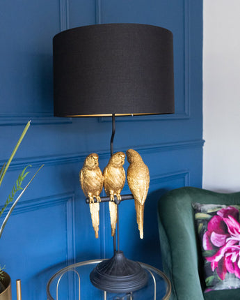 Trio Parrots Lamp: Black Gold Base with Matching Shade