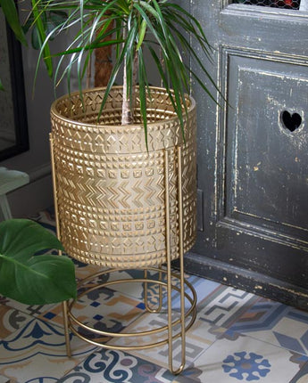 Luxurious Large Gold Embossed Metal Planter with Stand