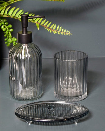 Modern Glass Soap Dish in Cool Grey Tone with Ridged Design, 15.3CM