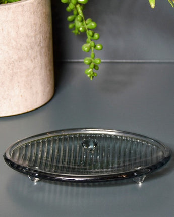 Modern Glass Soap Dish in Cool Grey Tone with Ridged Design, 15.3CM