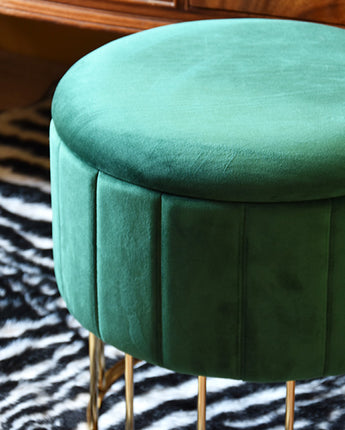 Emerald Green Round Ottoman Stool with a Gold Base