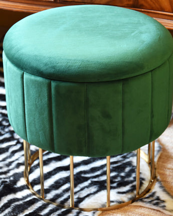 Emerald Green Round Ottoman Stool with a Gold Base