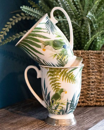 Emerald Green Leaves and Birds Footed Mugs with a White Handle