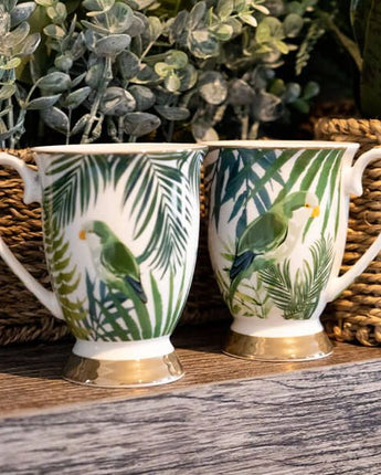 Emerald Green Leaves and Birds Footed Mugs with a White Handle