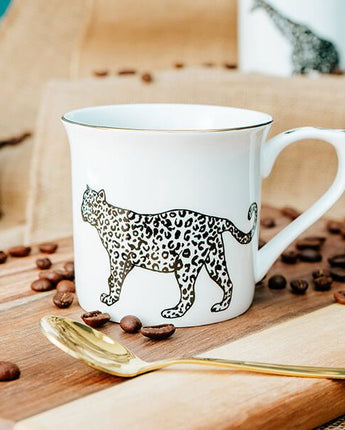 White Bone China Mug with Cheetah Print Design