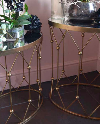 Elegant Antique Gold Side Tables with Mirrored Tops - Set of 2