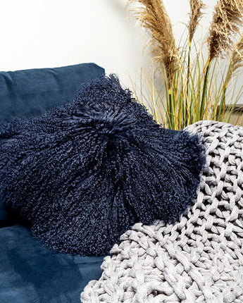 Genuine Navy Mongolian Lambswool and Suede Cushion