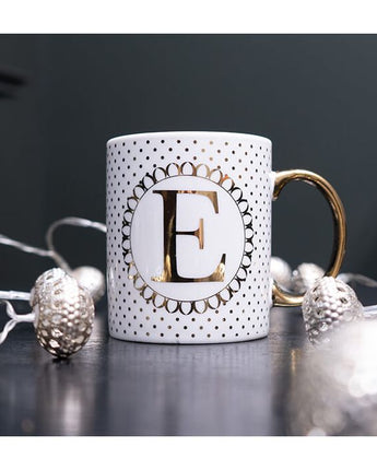 Gold and White Personalised Mug with a Gold Handle and Initial "E" Design