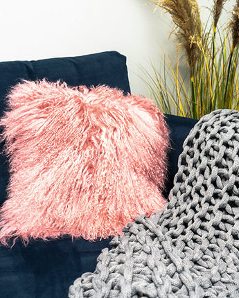 Genuine Rose Pink Mongolian Lambswool and Suede Cushion