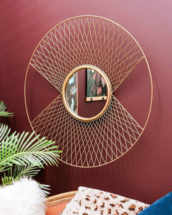 Art Deco Round Mirror with Gold Metal Frame