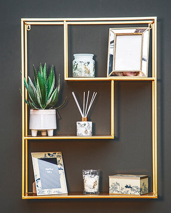 Large Gold Wall Shelf Unit with Three Staggered Tiers