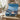 A blue gift candle set displayed in front of an open matching blue gift box on a stone table.
