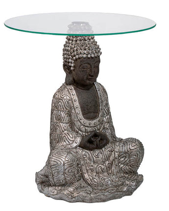 Silver Sitting Buddha Side Table with a Clear Glass Top