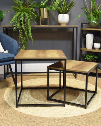 Modern Nesting Tables - Set of 2, Oak Wood & Metal Finish