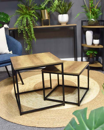 Modern Nesting Tables - Set of 2, Oak Wood & Metal Finish