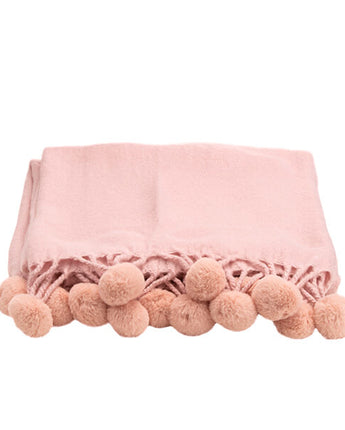 Pink Soft Fluffy Woven Pom-Pom Throw Blanket