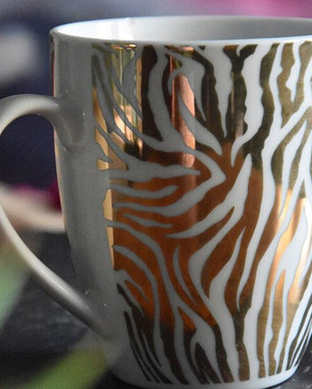 Set of Two Gold and White Zebra Print Mugs with White Handles