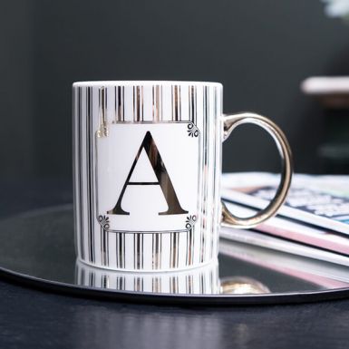 Gold and White Personalised Mug with a Gold Handle and Initial "A" Design