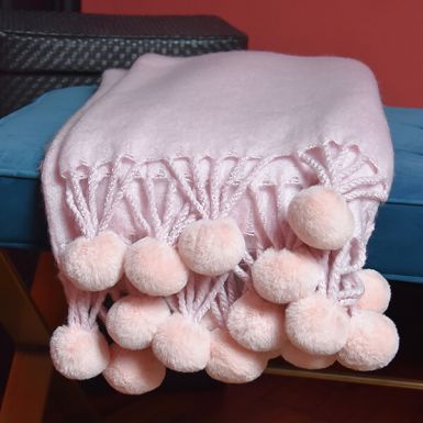 Pink Soft Fluffy Woven Pom-Pom Throw Blanket