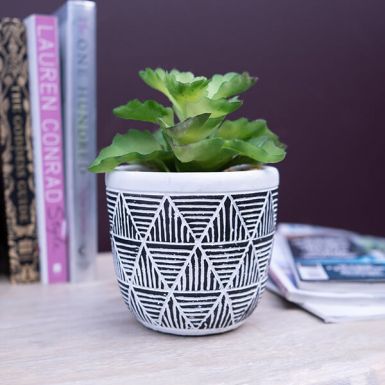 Green Artificial Succulent Plant in a Black and White Geometric Pot