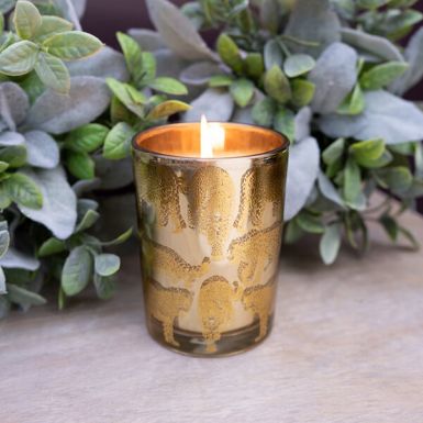 Pomegranate Scented Candle in a Gold Leopard Print Glass Holder